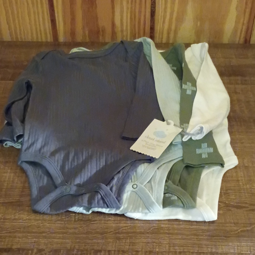 Cloud Island Bodysuit One-Piece 4-Pack Gray Blue Green Bear 12M Long Sleeve